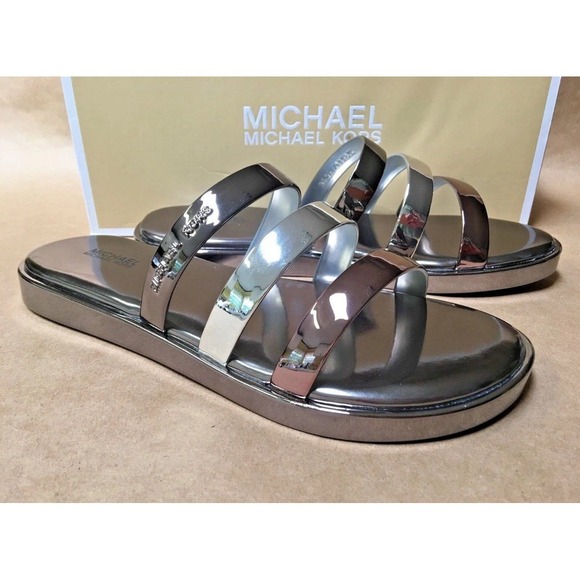 Michael Kors Shoes - NEW Michael Kors Keiko Women's Size 6‎ Triple-Band Slide Sandals Gunmetal Silver